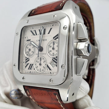 Cartier Santos 100 XL Chronograph White Roman Dial Stainless Steel Watch 2740