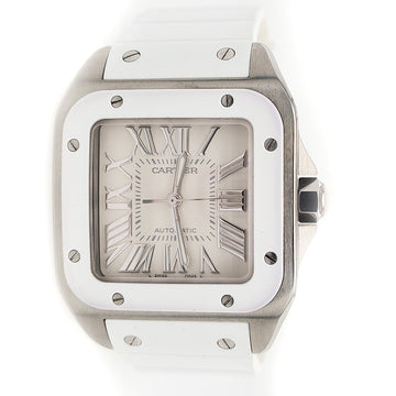 Cartier Santos 100 Midsize 33mm White Roman Dial/Rubber Strap/Steel Watch 2878 W20129U2
