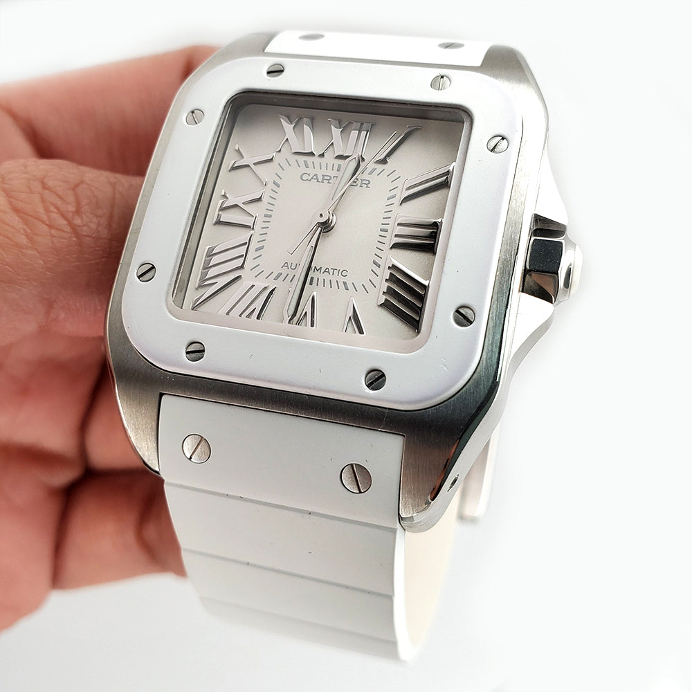 Cartier Santos 100 Midsize 33mm White Roman Dial Rubber Strap Steel Watch 2878 W20129U2