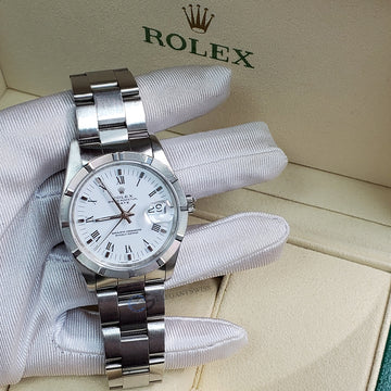 Rolex Date 34mm White Dial Engine Turned Bezel Oyster Watch 15210 Box Papers