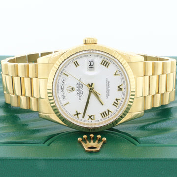 Rolex President Day-Date 18K Yellow Gold White Roman Dial 36MM Watch 118238