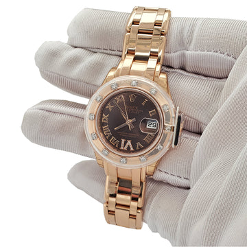 Rolex Lady Datejust Pearlmaster 29mm Factory Chocolate Roman Dial Rose Gold Watch Box Papers