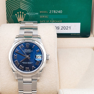 Rolex Datejust 31mm 278240 Blue Roman Dial Stainless Steel Oyster Watch 2021 Box Papers