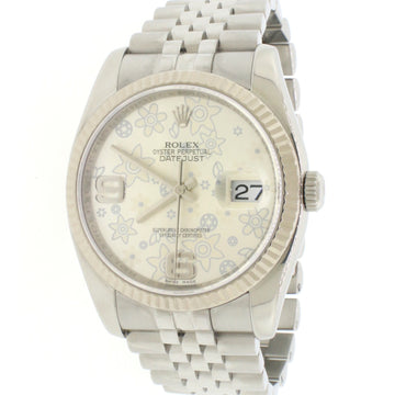Rolex Datejust 18K White Gold/Steel Silver Floral Dial 36MM Jubilee Watch 116234