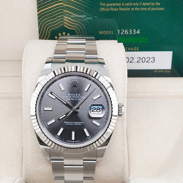 Unworn Rolex Datejust 41 126334 Gray Stick Dial White Gold Fluted Bezel Watch 2023 Box Papers
