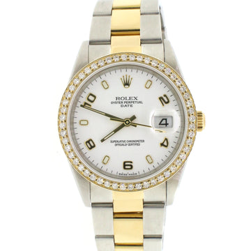 Rolex Date 2-Tone Yellow Gold/Steel 34MM White Dial Oyster Watch 15203 w/Diamond Bezel