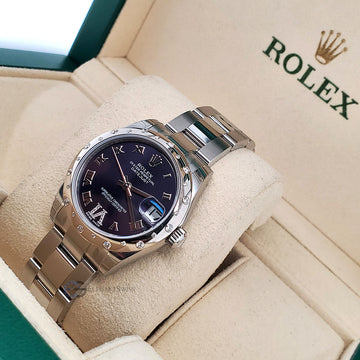 Rolex Datejust Midsize 31mm Domed 24 Diamonds Bezel/Dark Purple Dial Watch 178344 Box Papers