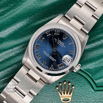 Rolex Datejust Midsize 68240 Smooth Bezel Blue Roman Dial 31mm Steel Watch Box Papers