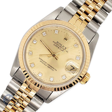 Rolex Datejust 31MM Factory Champagne Diamond Dial Yellow Gold Fluted Bezel Watch 68273