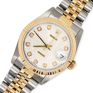 Rolex Datejust 31MM Factory Silver Jubilee Diamond Dial Yellow Gold Fluted Bezel Watch 68273