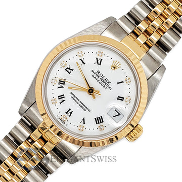 Rolex Datejust 31MM Factory White Roman Diamond Dial Yellow Gold Fluted Bezel Watch 68273
