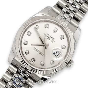Rolex Datejust 36MM Factory Silver Diamond Dial White Gold Fluted Bezel Steel Watch 116234