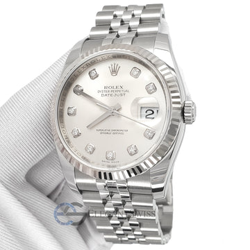 Rolex Datejust 36MM Factory Silver Diamond Dial White Gold Fluted Bezel Steel Watch 116234