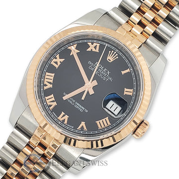 Rolex Datejust 36mm Factory Black Roman Dial Rose Gold/Steel Jubilee Watch Box Papers 116231
