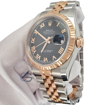 Rolex Datejust 36mm Factory Black Roman Dial Rose Gold/Steel Jubilee Watch Box Papers 116231