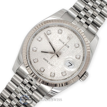 Rolex Datejust 36mm 116234 Factory Silver Jubilee Diamond Dial White Gold Fluted Bezel Jubilee Watch 2017 Box Papers