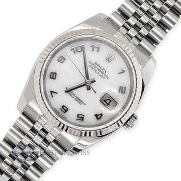 Rolex Datejust 36MM White MOP Arabic Dial White Gold Fluted Bezel Steel Watch 116234