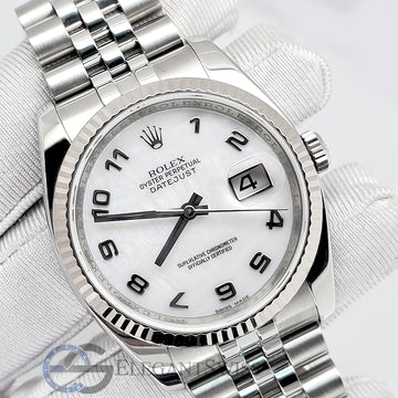 Rolex Datejust 36MM White MOP Arabic Dial White Gold Fluted Bezel Steel Watch 116234