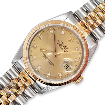 Rolex Datejust 36mm Factory Champagne Diamond Dial Yellow Gold Steel Watch 16233