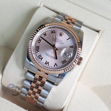 Rolex Datejust 36mm Factory Pink Roman Dial Two-Tone Rose Gold/Steel Jubilee Watch 116231 Box Papers