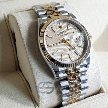 Unworn Rolex Datejust 36mm Golden Palm Motif Dial Fluted Bezel Yellow Gold/Steel Jubilee Watch 126233 Box Papers