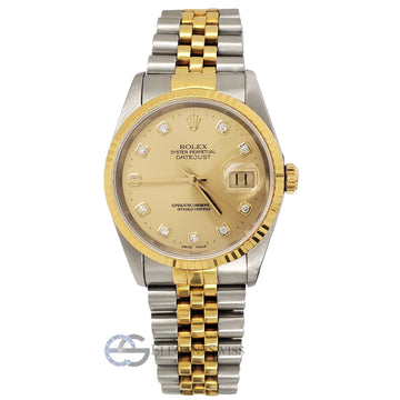 Rolex Datejust 36mm Factory Champagne Diamond Dial Yellow Gold Steel Watch 16233 Box Papers