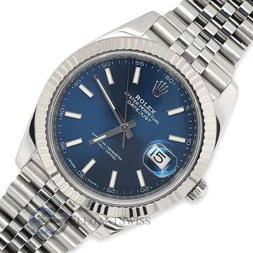 Rolex Datejust 41 Blue Dial Fluted White Gold Bezel Jubilee Steel Watch 126334 Box Papers