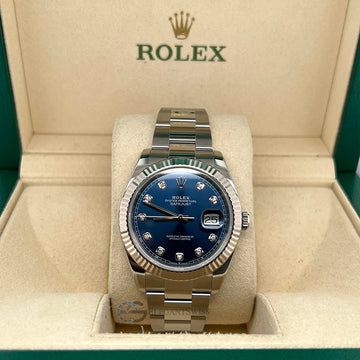 Rolex Datejust 41 Factory Blue Diamond Dial White Gold Fluted Bezel Steel Watch 126334 Box Papers 2020