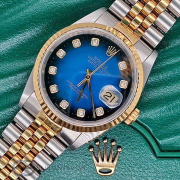 Rolex Datejust 16233 Blue Vignette Dial Yellow Gold Steel 36mm Watch