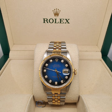 Rolex Datejust 16233 Blue Vignette Dial Yellow Gold Steel 36mm Watch