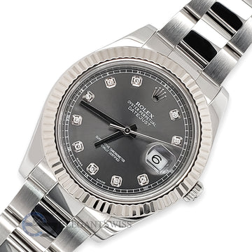Rolex Datejust II 41mm Factory Dark Rhodium Diamond Dial White Gold Fluted Bezel Steel Watch 116334 Box Papers