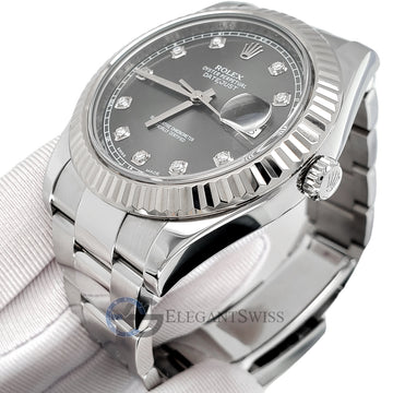 Rolex Datejust II 41mm Factory Dark Rhodium Diamond Dial White Gold Fluted Bezel Steel Watch 116334 Box Papers