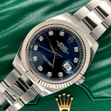 Rolex Datejust 41 Fluted White Gold Blue Diamond Dial Oyster Steel Watch 126334 Box Papers