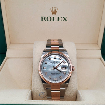 Rolex Datejust 36mm Two-Tone Rose Gold/Steel Rolesor Watch - Fluted Bezel - White MOP Diamond Dial - 126231 Box Papers