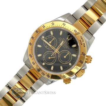 Rolex Daytona 40mm Black Dial Steel Yellow Gold Watch 116523 Box Papers
