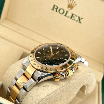 Rolex Daytona 40mm Black Dial Steel Yellow Gold Watch 116523 Box Papers