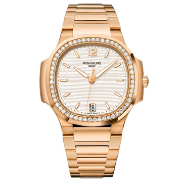 Patek Philippe Ladies Nautilus 35.2mm Silvery Opaline Dial Diamond Bezel Rose Gold Watch 7118/1200R Box Papers