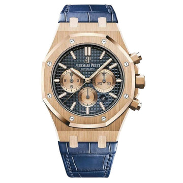 Audemars Piguet Royal Oak Chronograph 41mm Blue Dial Blue Leather Strap Rose Gold Watch 26331OR.OO.D315CR.01 Box Papers