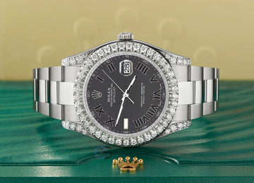 Rolex Datejust II Steel 41mm Watch 4.5CT Diamond Bezel/Lugs/Gray Roman Dial 116300 Box Papers