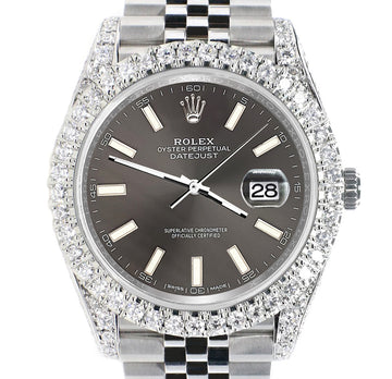 Rolex Datejust 41 4.4CT Diamond Bezel/Lugs/Gray Index Dial 126300 Steel Jubilee Watch Box Papers