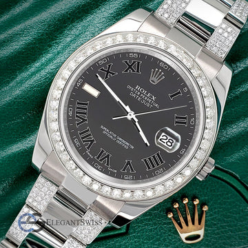 Rolex Datejust II 41mm 5ct Diamond Bezel/Bracelet/Gray Roman Dial Steel Watch 116300 Box Papers