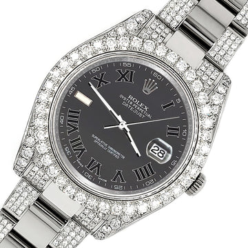 Rolex Datejust II 41mm 8.3ct Diamond Bezel/Lugs/Bracelet/Gray Roman Dial Steel Watch 116300 Box Papers