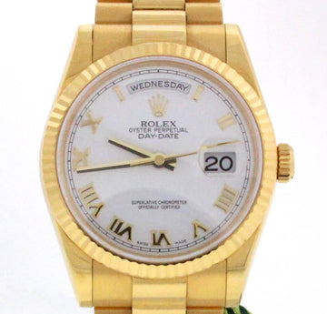 Rolex President Day-Date 18K Yellow Gold White Dial 36MM Watch 118238