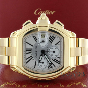 Cartier Roadster XL 18K Yellow Gold Chronograph White Dial Automatic Mens Watch 2619