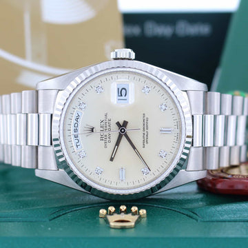 Rolex President 18K White Gold Factory Silver Diamond Dial 36MM Automatic Double Quickset Mens Watch 18239