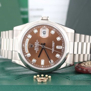 Rolex President Day-Date 18K White Gold Original Chocolate Diamond Dial Automatic Mens Watch 118209