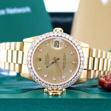 Rolex President Midsize 18K Yellow Gold Factory Diamond Dial 31MM Automatic Watch w/Diamond Bezel 68278