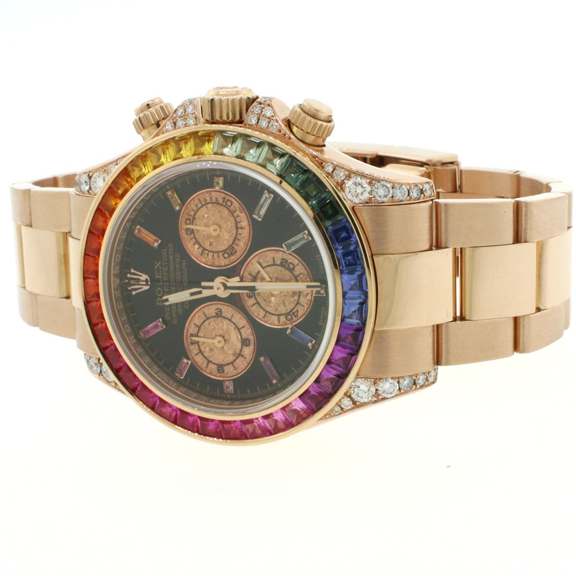 Rolex Daytona 116505 Custom Rainbow Diamonds and Sapphires 18K Rose Gold Watch Mint