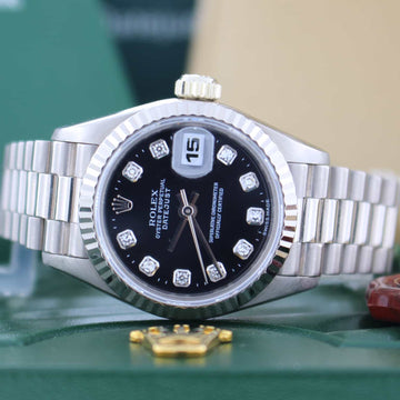 Rolex President Datejust Ladies Original Diamond Black Dial White Gold 26MM Automatic Watch 69179