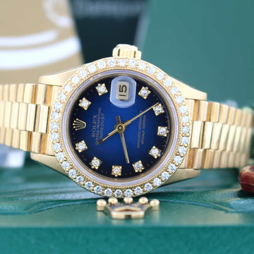 Rolex President Ladies Blue Diamond Dial 18K Yellow Gold 26MM Automatic Watch w/Diamond Bezel 69178